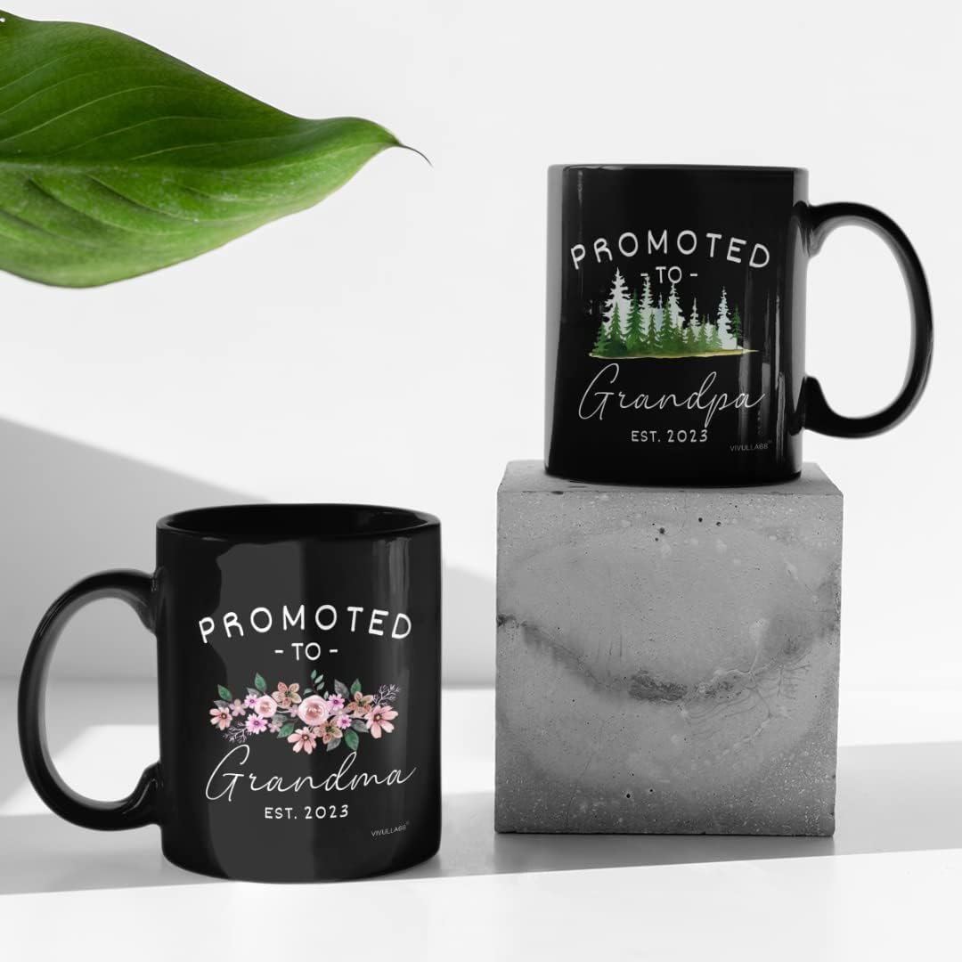 Vivulla68 Pregnancy Announcement For Grandparents Mug Set, Promoted To Grandparents Grandma And Grandpa 2023 Mugs, New Grandparents Gifts First Time 2023, Grandparents Baby Announcement Gifts (Black)