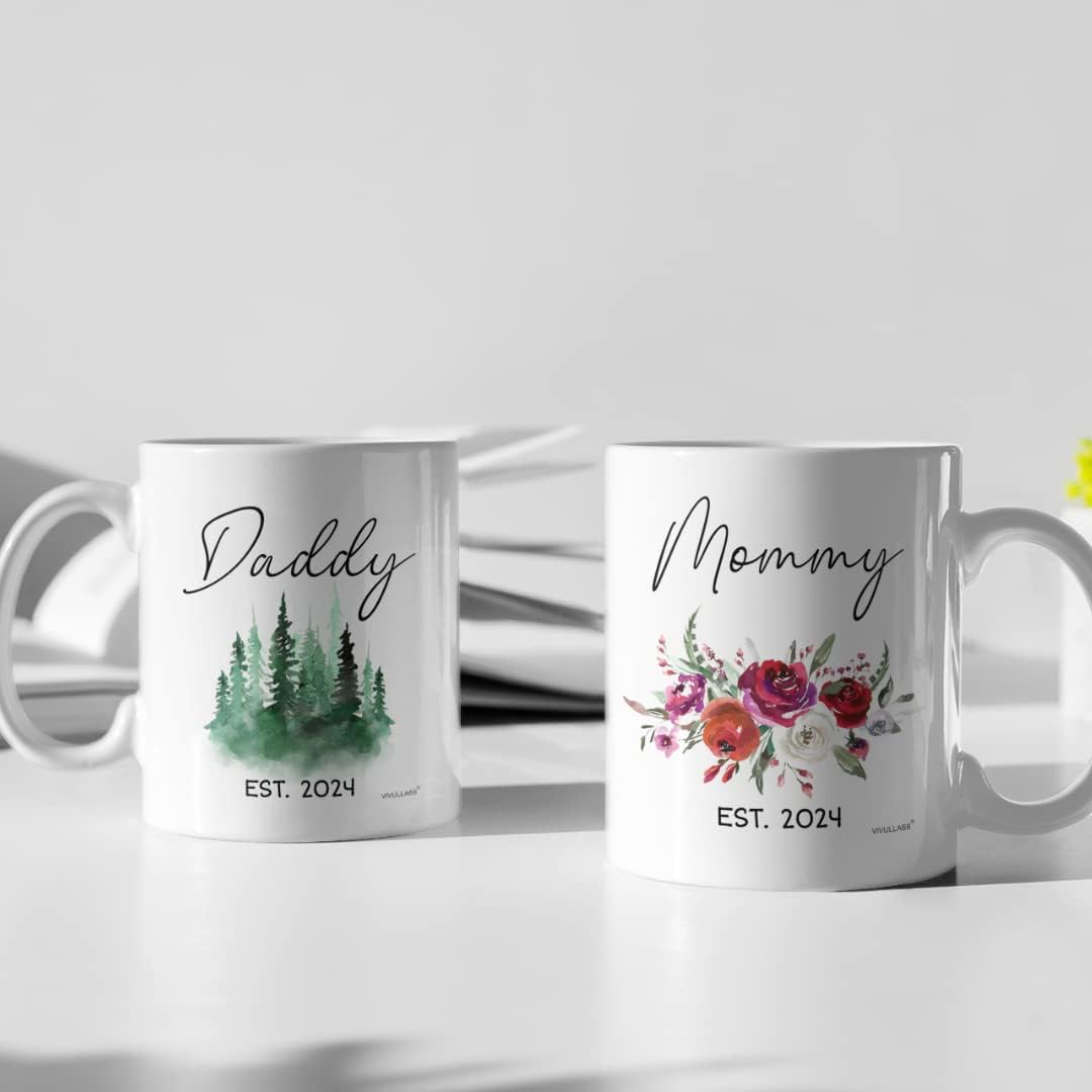 Vivulla68 Mommy Daddy Est 2024 Mugs, Pregnancy Announcement For Parents Mug Set, New Mom and Dad Gifts First Time 2024, New Parent Gifts, Baby Announcement Mug, Mom and Dad Mugs