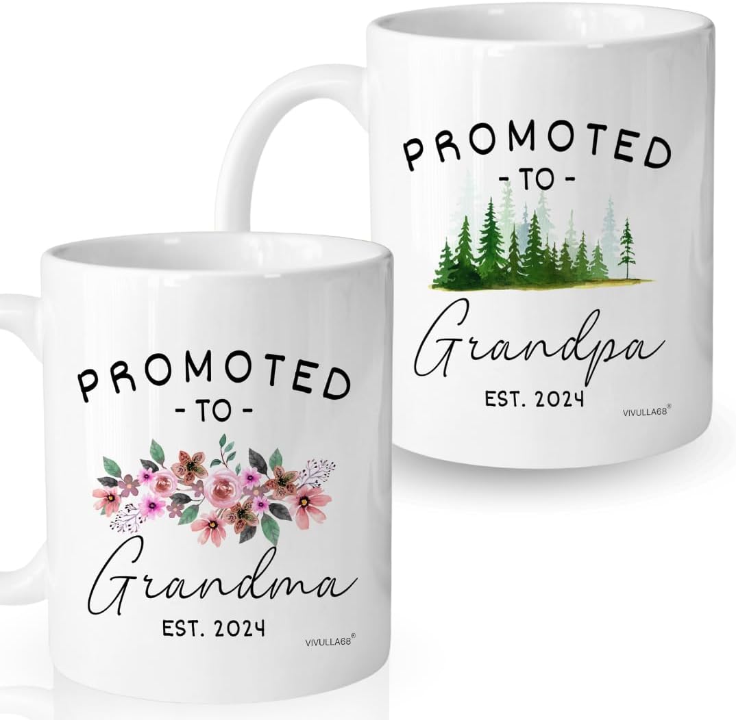 Vivulla68 Promoted To Grandparents Grandma And Grandpa 2024 Mugs, Pregnancy Announcement For Grandparents Mug Set, Grandma And Grandpa Announcement Gifts, Grandparents Baby Announcement Christmas Gift