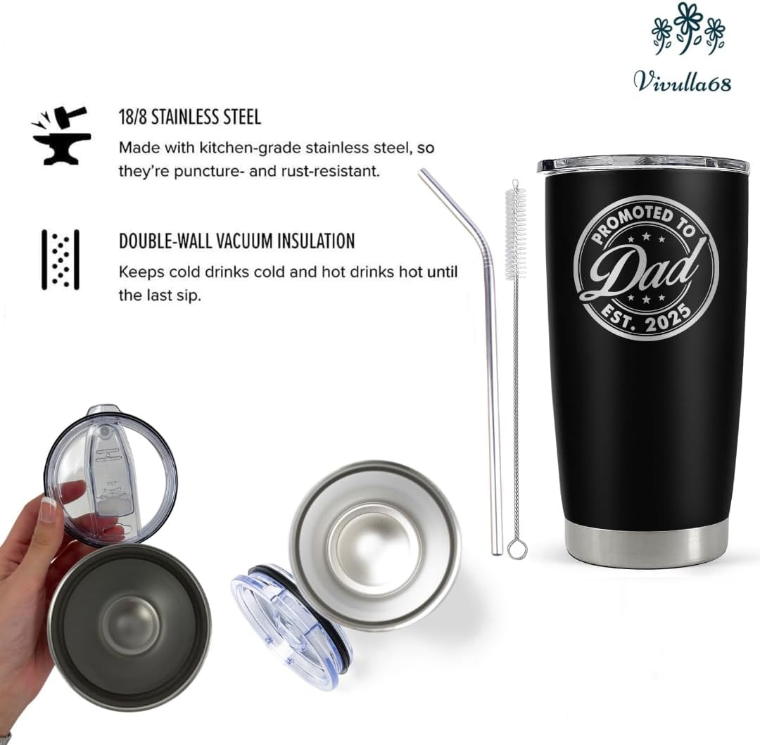 B0D9Y6R3RM - Vivulla68 Promoted To Dad 2025 Tumbler 20Oz, 1st Daddy Gifts, New Baby Gift Ideas, Papa Established 2025 Coffee Cup Mug, Fathers To Be Gift, Papa Travel Coffee Mug, Dad Est 2025 Cup