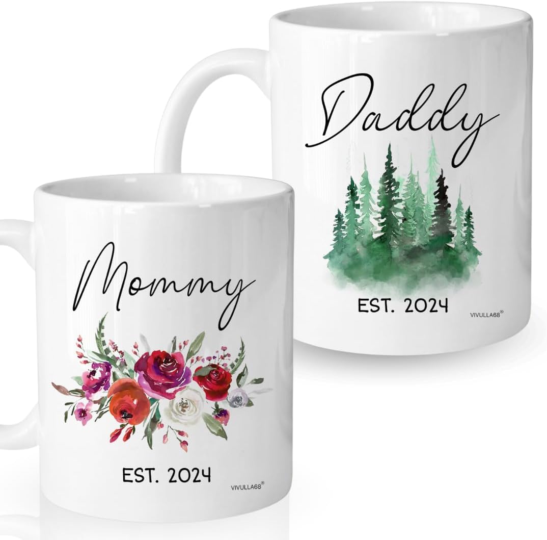 Vivulla68 Mommy Daddy Est 2024 Mugs, Pregnancy Announcement For Parents Mug Set, New Mom and Dad Gifts First Time 2024, New Parent Gifts, Baby Announcement Mug, Mom and Dad Mugs