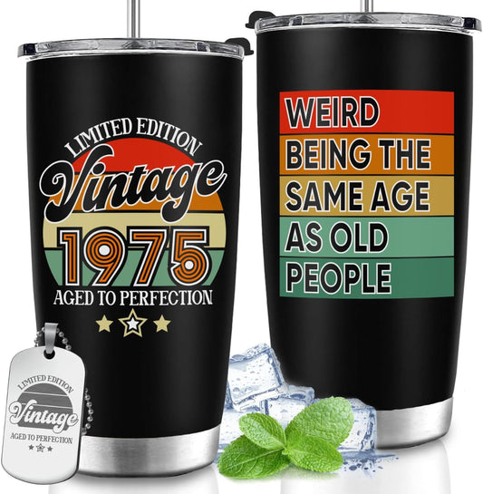 B0DM1QVPPK- 50th Birthday Gifts For Men Women, Vintage 1975 Gift For Him Her, Funny Present For 50 Year Old Gentlemen, Gift For Ladies Turning 50, Dad, Mom, Wife, Husband - Vintage Tumbler 20oz with Keychain