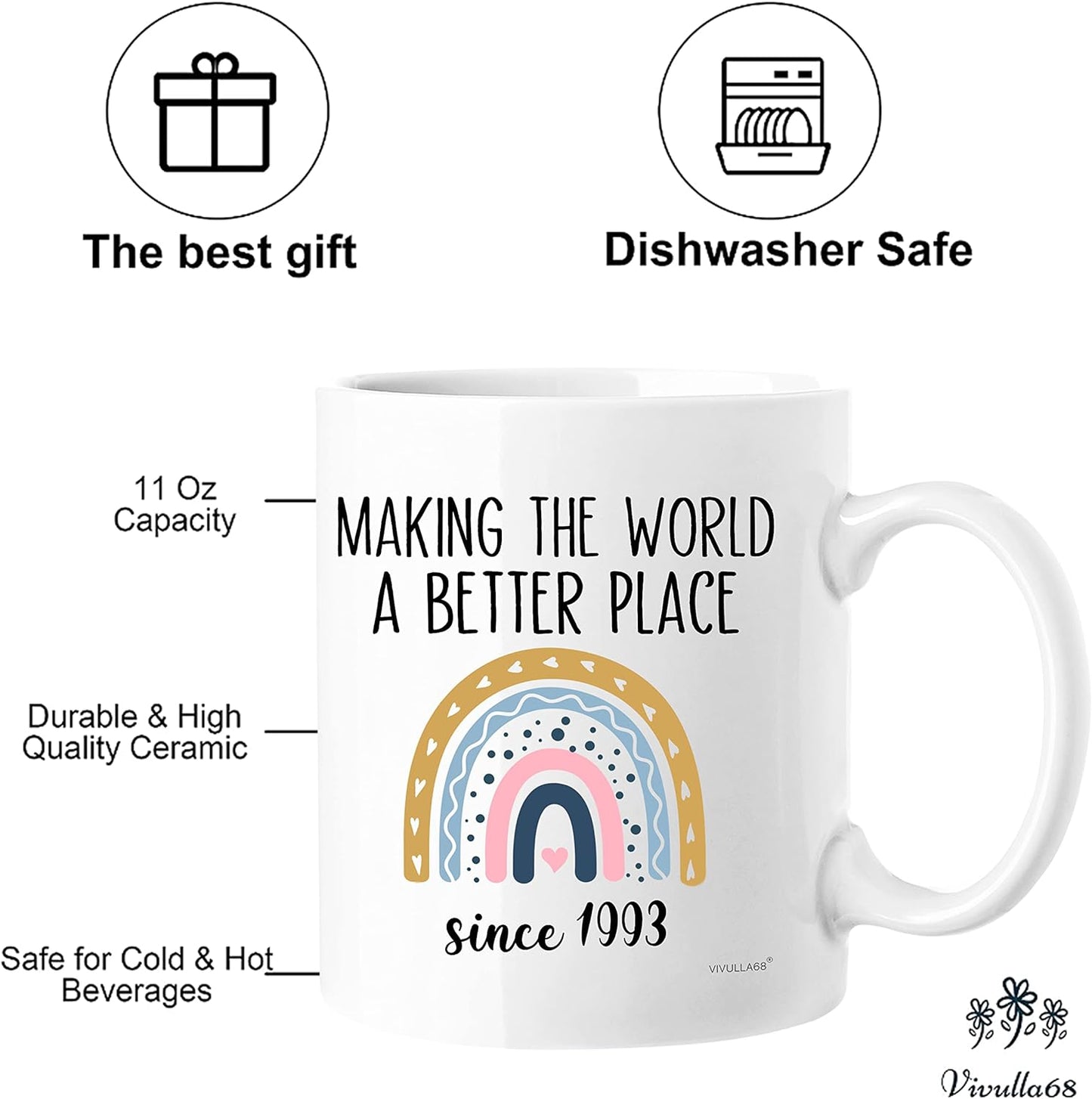 Vivulla68 30th Birthday Gifts Women, 1993 Birthday Gifts For Women, 30 Year Old Birthday Gifts For Women, 30th Birthday Gift Ideas, 30 Birthday Gifts For Women, 30th Birthday Mug (11oz)