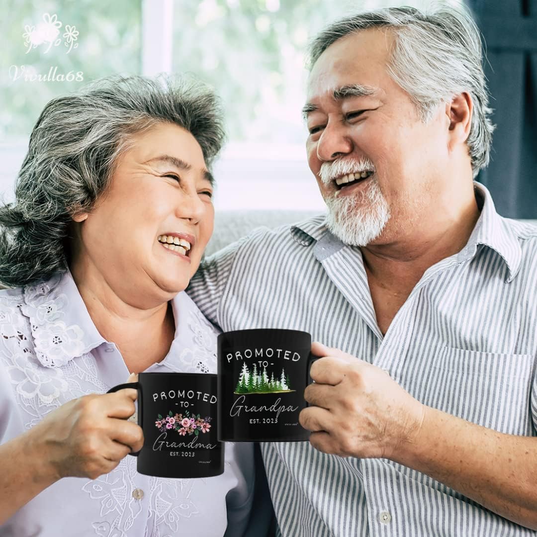 Vivulla68 Pregnancy Announcement For Grandparents Mug Set, Promoted To Grandparents Grandma And Grandpa 2023 Mugs, New Grandparents Gifts First Time 2023, Grandparents Baby Announcement Gifts (Black)