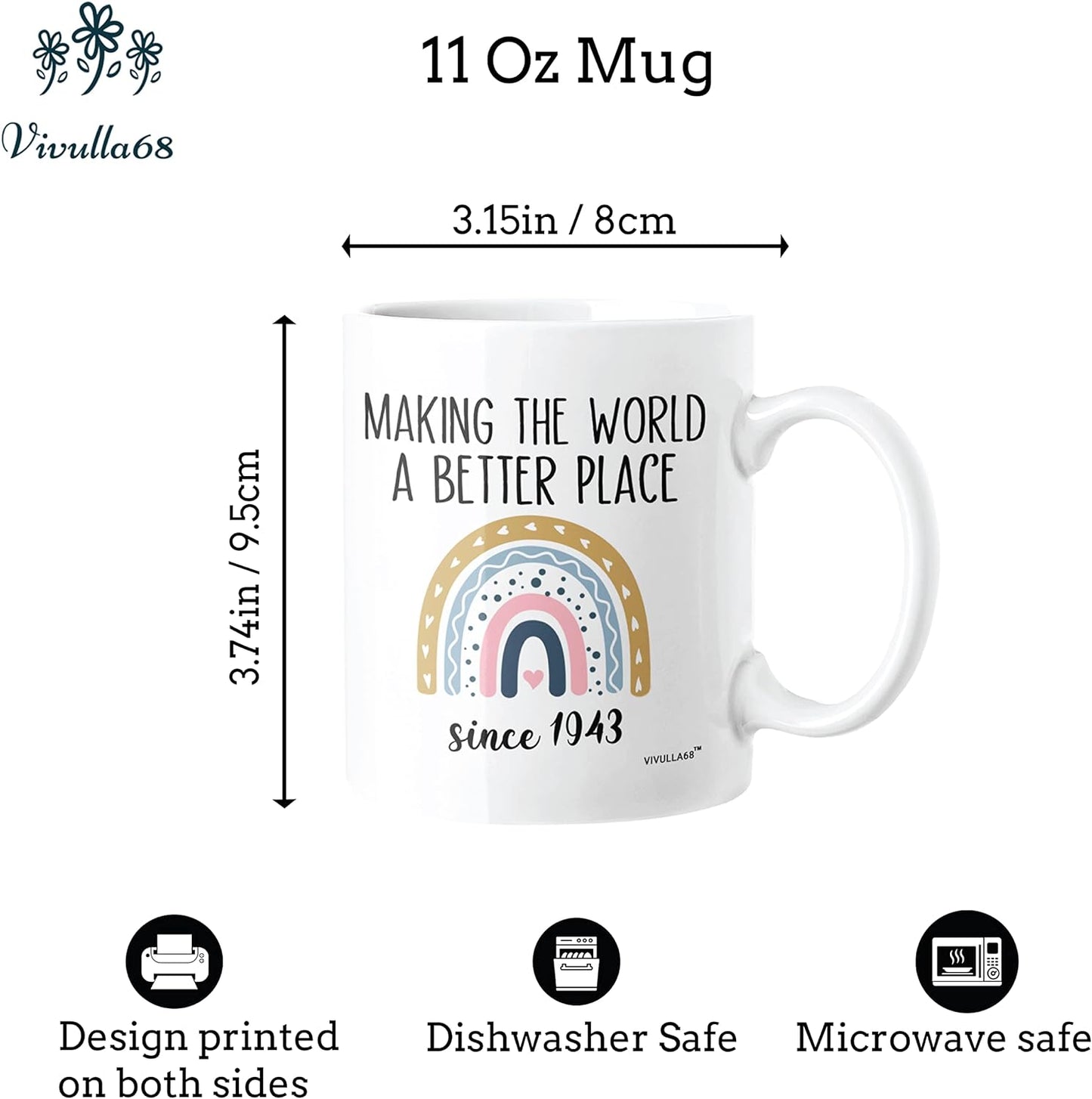 Vivulla68 80th Birthday Gifts for Women, 80 Year Old Birthday Gifts for Women, 1943 Birthday Gifts for Women, Cool Gifts for 80 Year Old Woman Birthday, 80 Birthday Gifts for Women, Turning 80 Mug