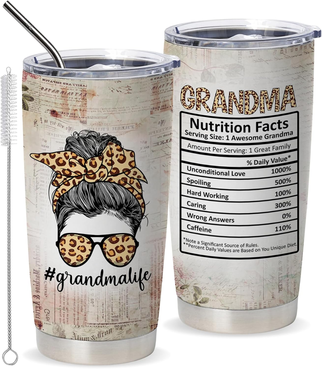 Vivulla68 Grandma Coffee Tumbler With Straw, Grandma Birthday Gift Ideas From Grandchildren, Nana Tumbler, Mimi Tumbler, Gigi Tumbler, Grandma Nutritionfact Travel Coffee Mugs, Grandmother Present