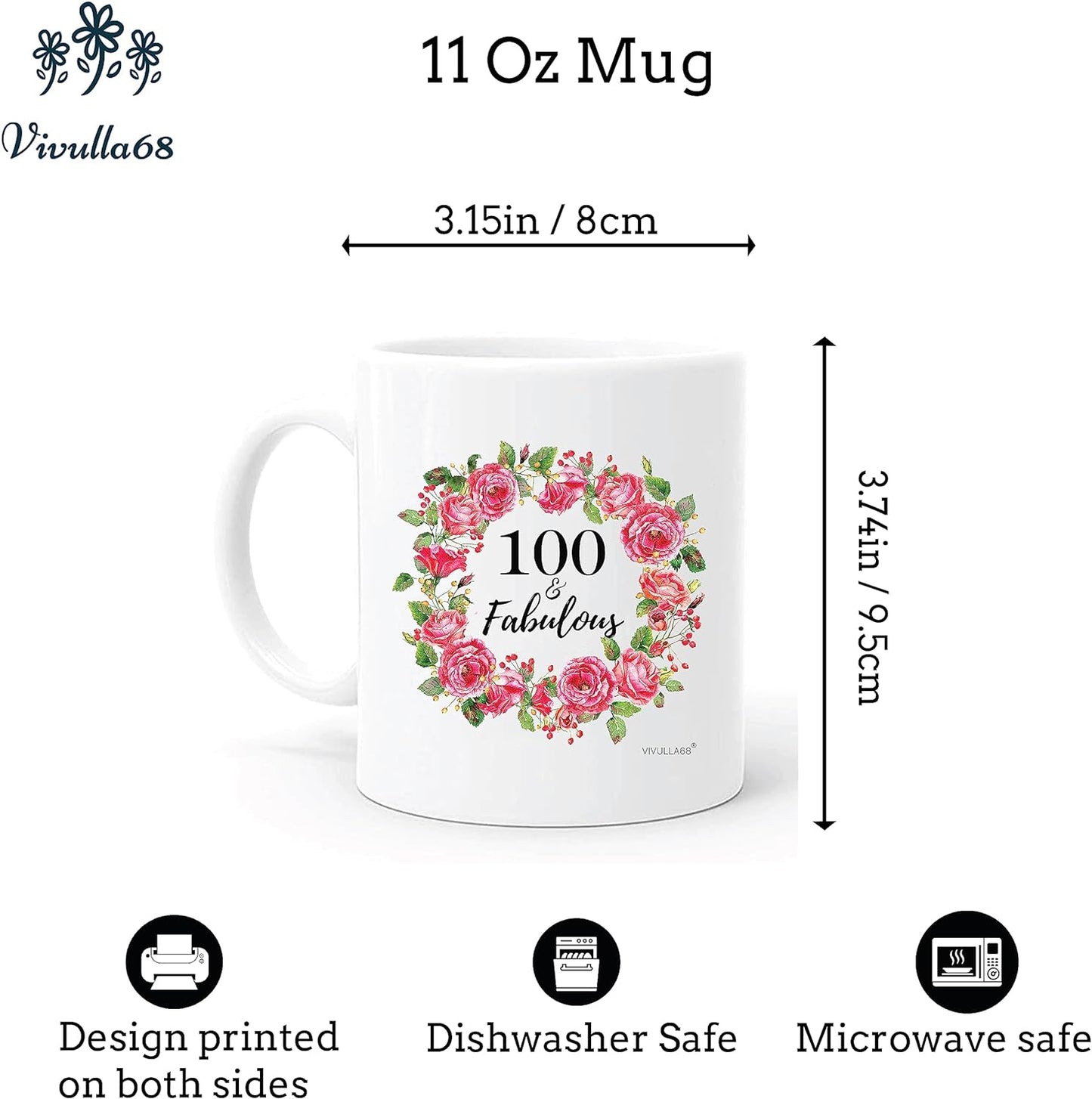 Vivulla68 100 & Fabulous Birthday Mug, 100th Birthday Gifts For Women, Birthday Gifts For 100 Year Old Woman, Gifts Ideas For 100th Birthday, 100th Birthday Decorations For Women Men, Turning 100 Gift