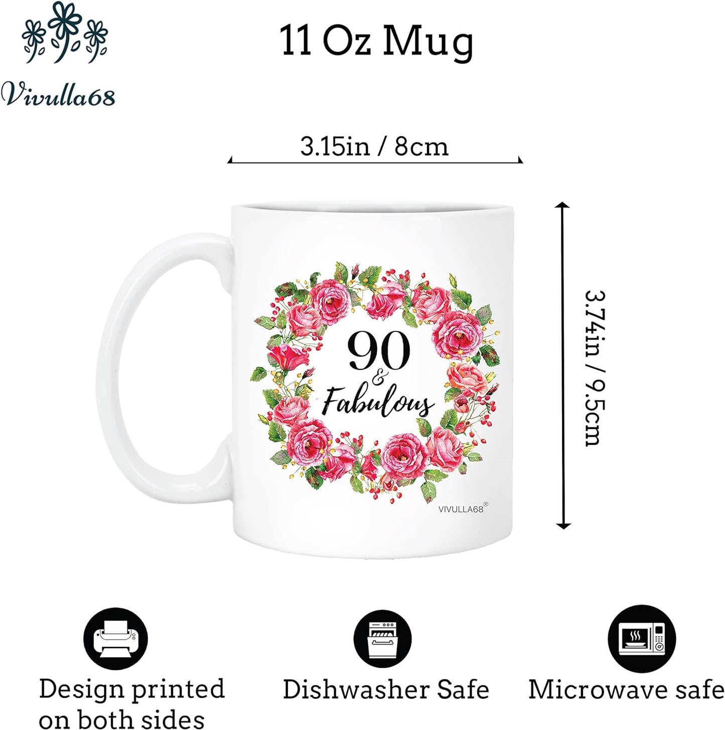 Vivulla68 90 Fabulous Birthday Mug, 90th Birthday Gifts For Women, 90 Year Old Birthday Gifts For Women, 90th Birthday Decorations For Woman, 90th Birthday Cups, 90th Birthday Gift Ideas For Grandma