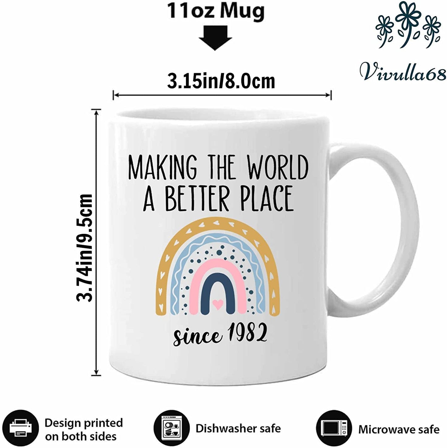 Vivulla68 40th Birthday Gifts Women, 1982 Birthday Gifts For Women, 40 Year Old Birthday Gifts For Women, 40th Birthday Gift Ideas, 40 Birthday Gifts For Women, 40th Birthday Cups, Forty Mug