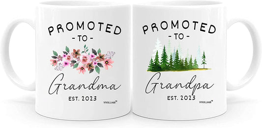 Vivulla68 Promoted To Grandparents Grandma And Grandpa 2023 Mugs, Pregnancy Announcement For Grandparents Mug Set, Grandma And Grandpa Announcement Gifts, Grandparents Baby Announcement Gifts