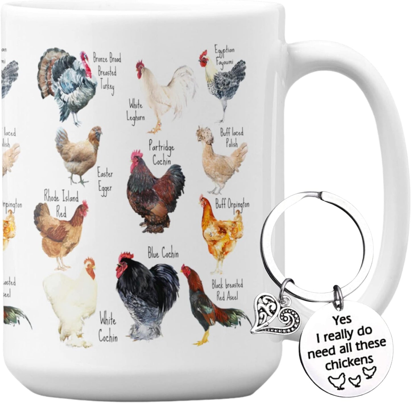 Vivulla68 Breeds of Chicken Coffee Mug 15Oz With Keychain, Chicken Gifts For Chicken Lovers, Chicken Mom Stuffs, Chicken Coffee Cup For Women, Chicken Themed Gifts, Chicken Lady Gifts