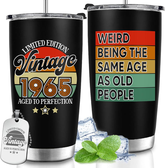B0DM1HYTX1- 60th Birthday Gifts For Men Women, Vintage 1965 Gift For Him Her, Funny Present For 60 Year Old Gentlemen, Gift For Ladies Turning 60, Dad, Mom, Wife, Husband - Vintage Tumbler 20oz with Keychain