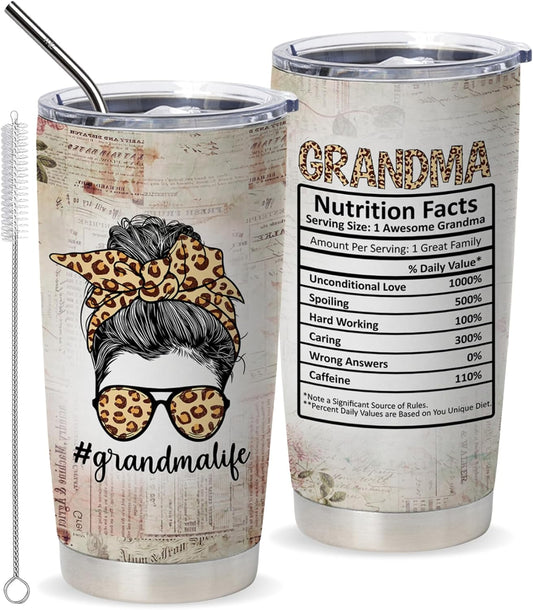 Vivulla68 Grandma Coffee Tumbler With Straw, Grandma Birthday Gift Ideas From Grandchildren, Nana Tumbler, Mimi Tumbler, Gigi Tumbler, Grandma Nutritionfact Travel Coffee Mugs, Grandmother Present