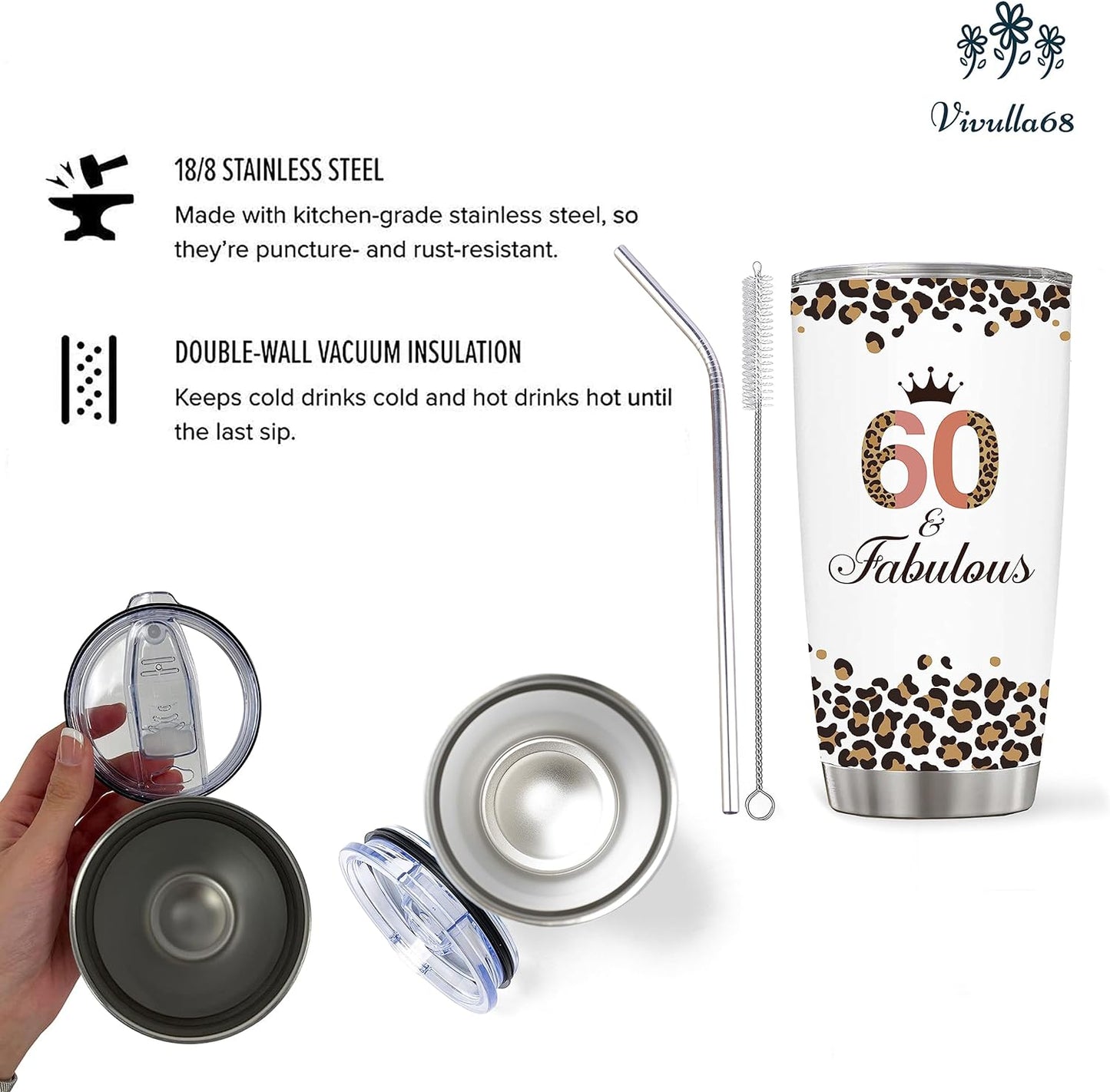 Vivulla68 Happy 60th Birthday Gifts For Women, 60 Birthday Gifts For Women, Birthday Gifts For 60 Year Old Woman, 1963 Birthday Gifts Women, Turning 60 Gifts, 60th Birthday Tumbler With Lid and Straw