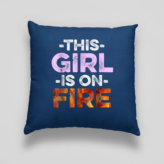 This Girl Is On Frie Print Linen Cushion, Feminist Cushion Navy