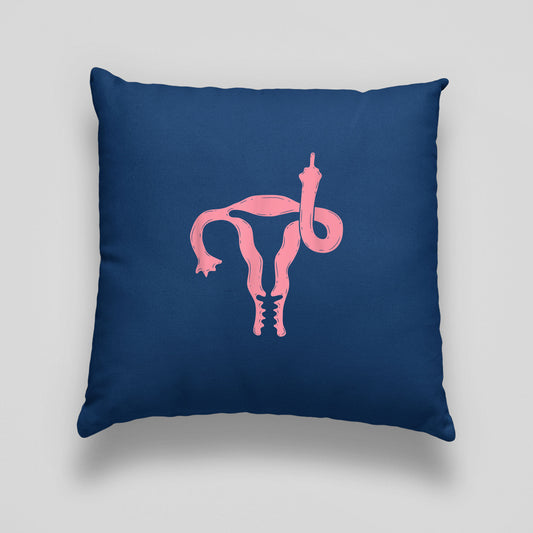 Uterus Shows Middle Finger Feminist  Print Linen Cushion, Feminist Cushion Navy