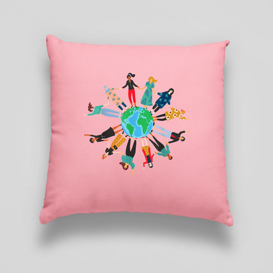 Womens Day Feminism Print Linen Cushion, Feminist Cushion Light Pink