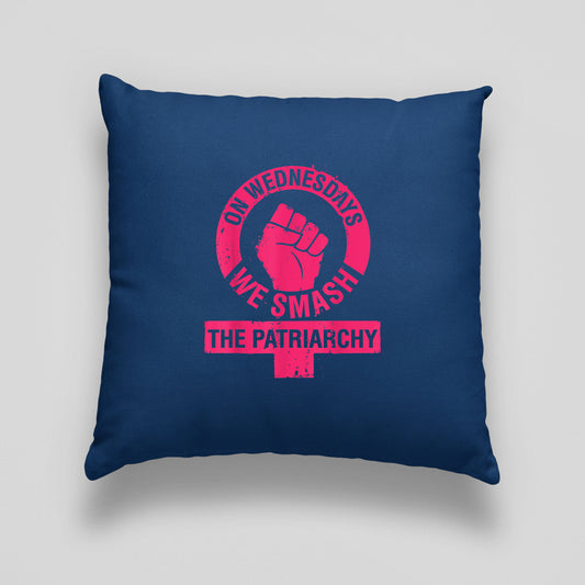 On Wednesdays We Smash The Patriarchy Print Linen Cushion, Feminist Cushion Navy
