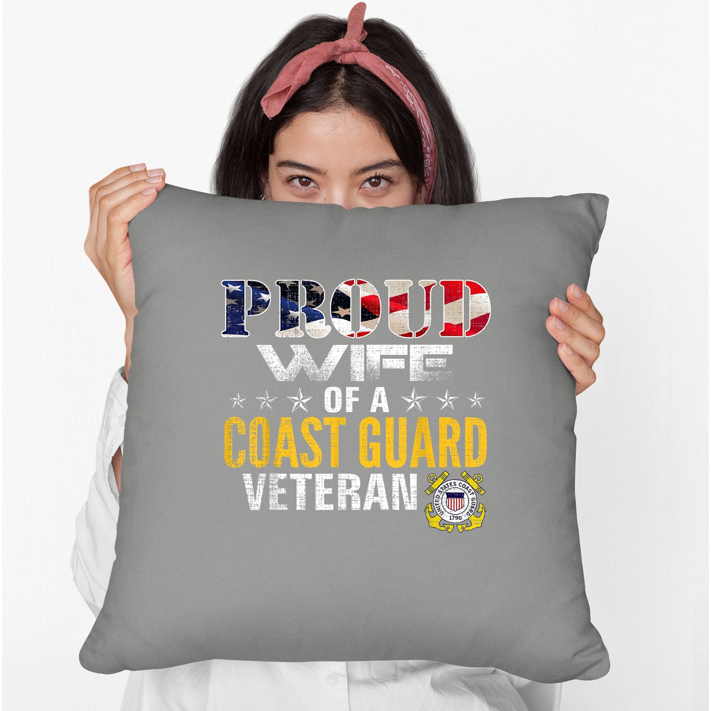 Memorial Day 2021 Coast Guard Wife Cushion Proud Wife Of A Coast Guard Veteran American Flag Military Cushion, Print Linen Cushion