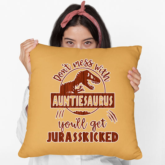 Womens Dinosaur Premium Cushion Dont Mess with Auntiesaurus Print Linen Cushion Mustard