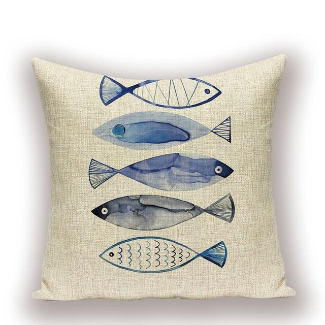 White Fish Print Linen Cushion