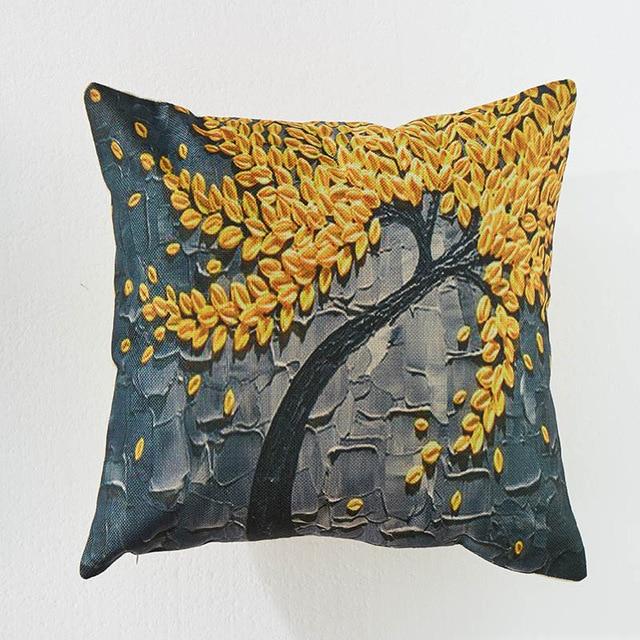 Colorful Yellow Tree Print Linen Cushion