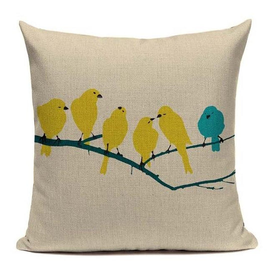 Yellow Bird Print Linen Cushion White
