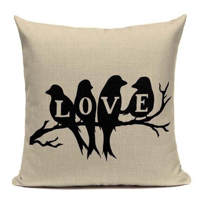 Black Bird Love Print Linen Cushion