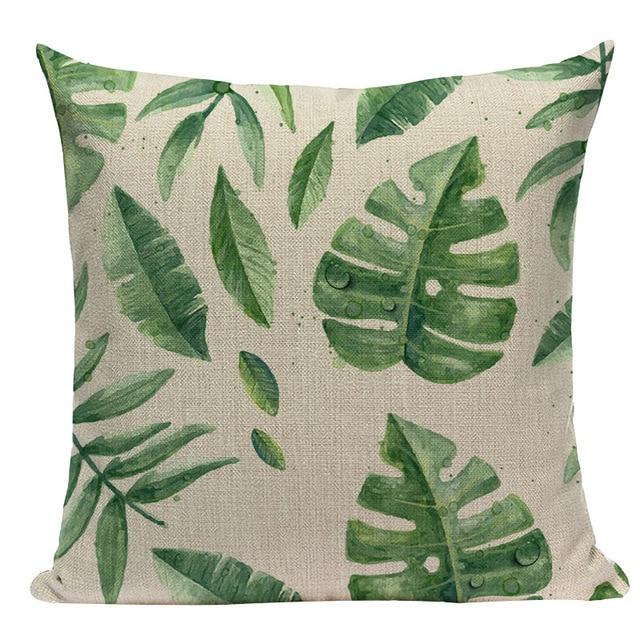 Green Monstena Leaf Print Linen Cushion White