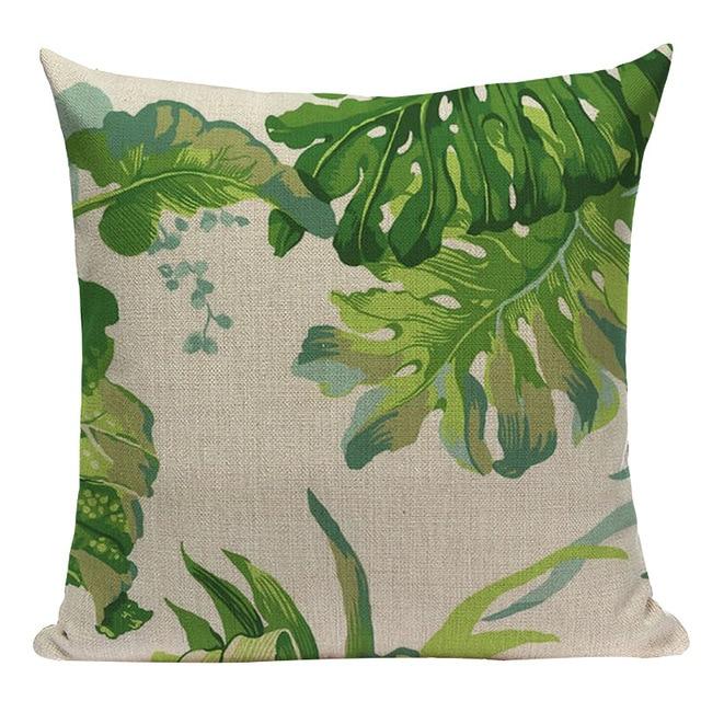 Green Monstena Leaf Print Linen Cushion