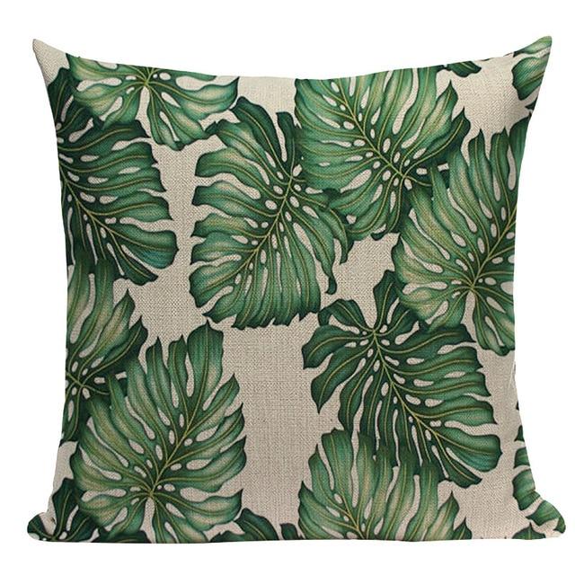 Green Monstena Print Linen Cushion