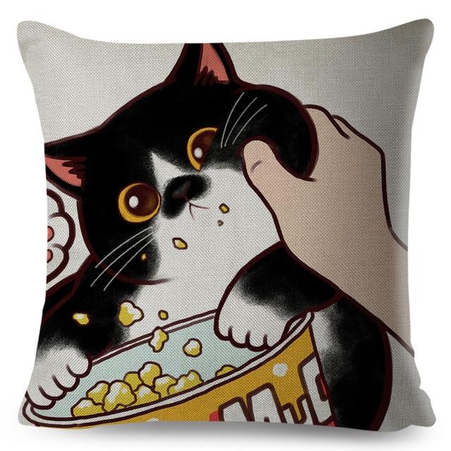 Black Cat Print Linen Cushion