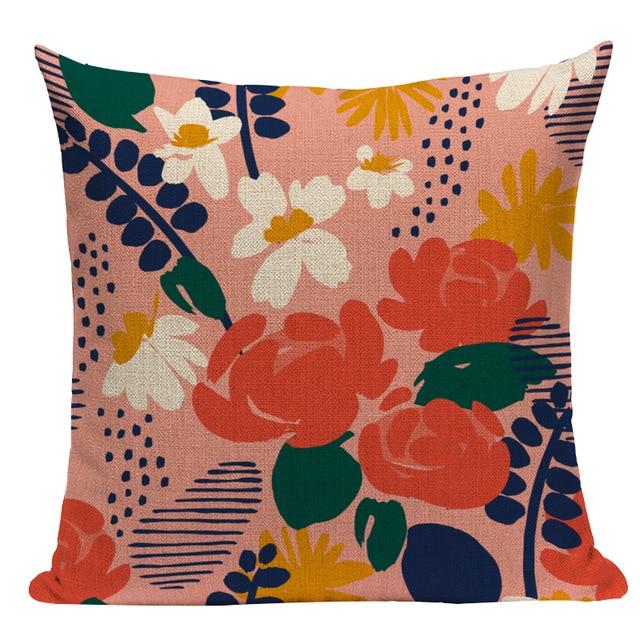 Tropical Jungle Daisy Print Linen Cushion