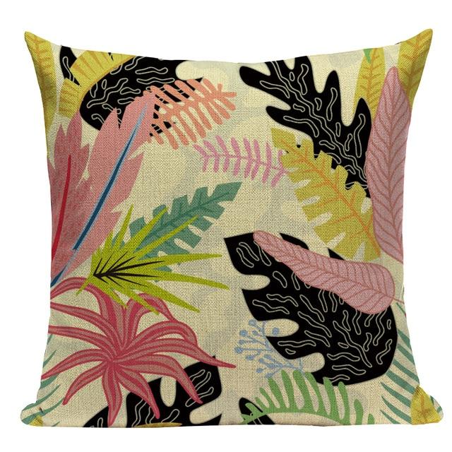 Tropical Jungle Colorful Leaf Print Linen Cushion