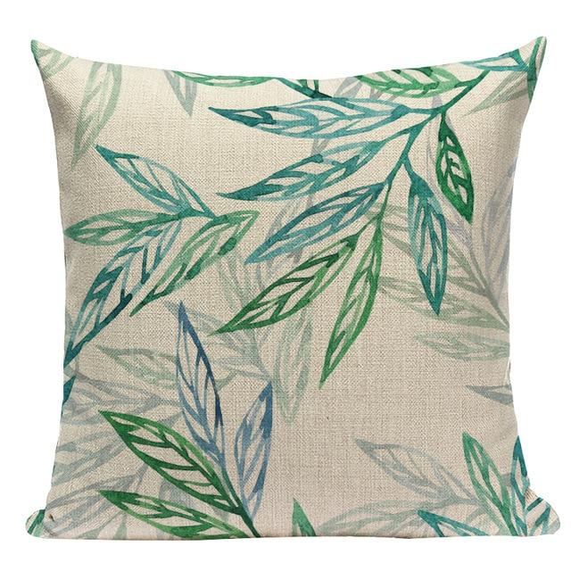 Tropical Jungle Green Leaves Print Linen Cushion