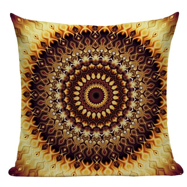 Yellow Brown Moroccan Mandala Print Linen Cushion
