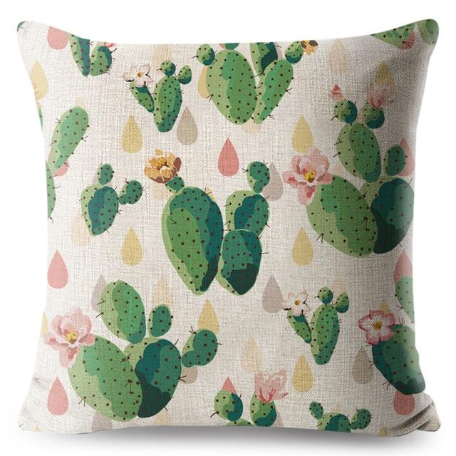 Lovely Cactus Plants Print Linen Cushion