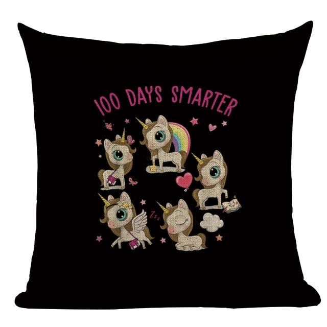 100 Days Smarter Cartoon Unicorn Print Linen Cushion