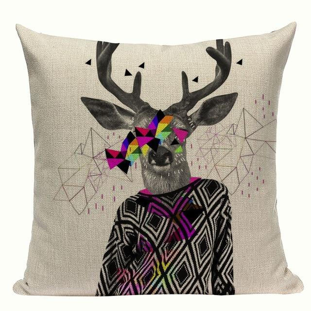 Cool Deer Checker Pattern Print Linen Cushion