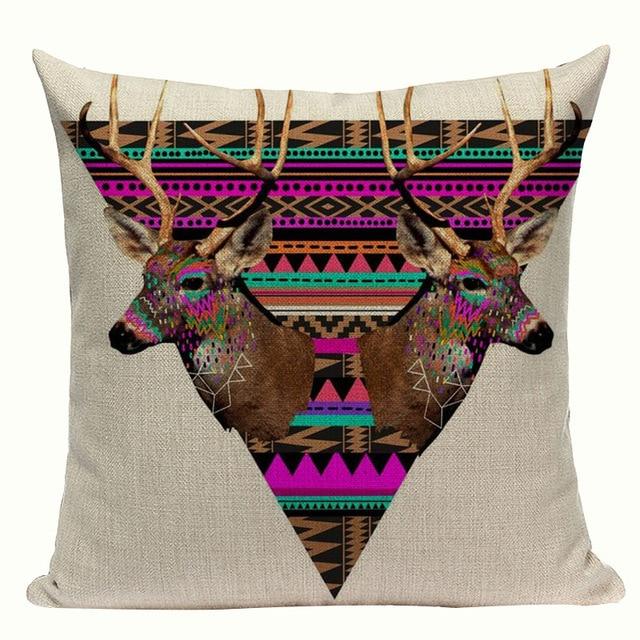 Colorful Triangle Deer Print Linen Cushion