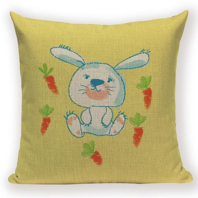 Happy Easter White Bunny Print Linen Cushion Yellow