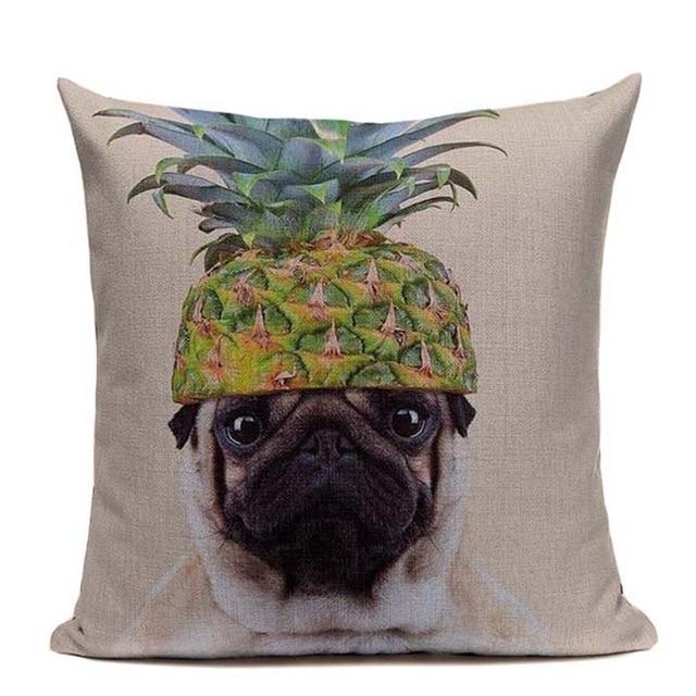 Funny Pug Dog Pineapple Print Linen Cushion