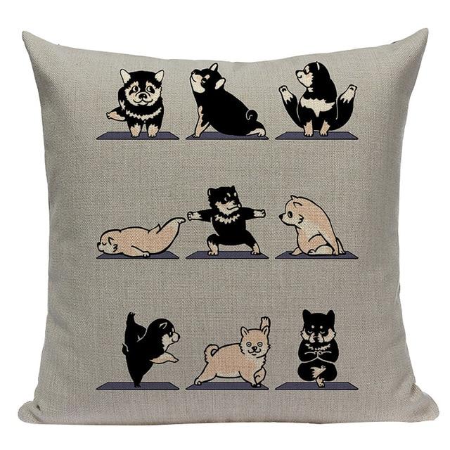 Baby Husky Yoga Print Linen Cushion