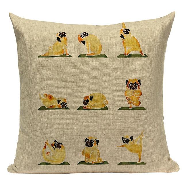 Yellow Pug Dog Yoga Print Linen Cushion