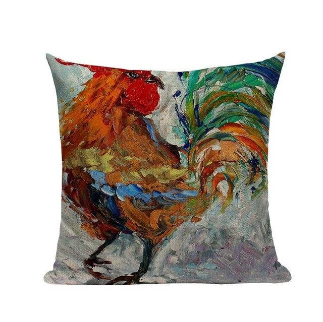 Colorful Oil Painting Cock Chicken Print Linen Cushion White