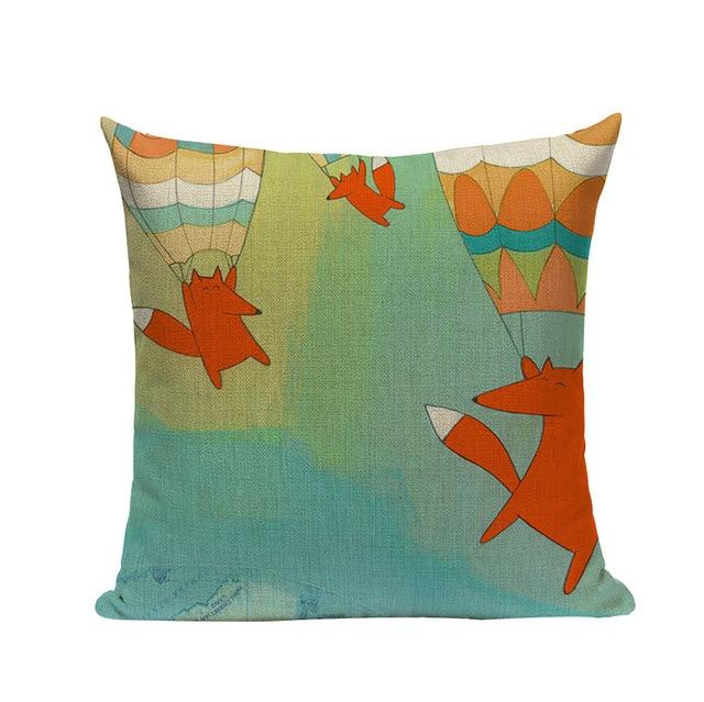 Orange Fox Triangle Pattern Print Linen Cushion