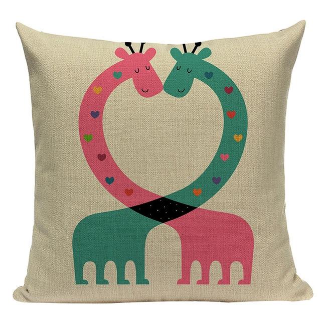 Pink Green Giraffe Print Linen Cushion
