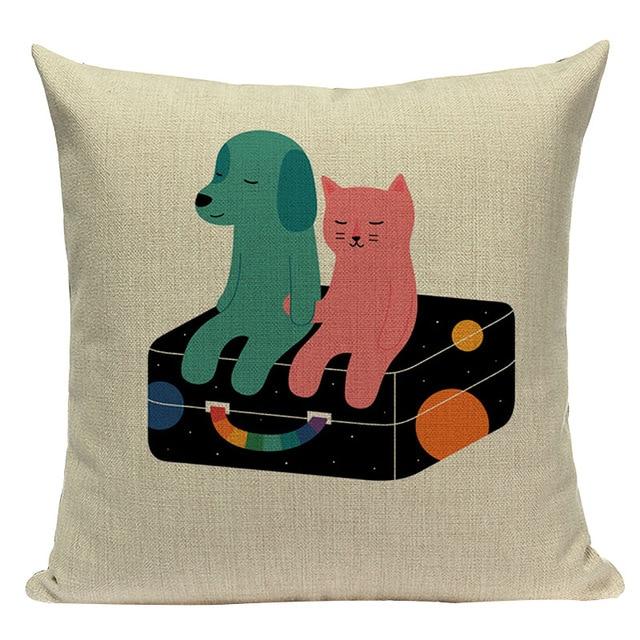 Baby Green Dog Pink Cat Print Linen Cushion