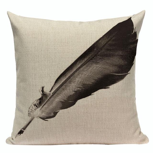 Black Feather Print Linen Cushion
