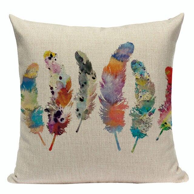 Watercolor Feathers Print Linen Cushion